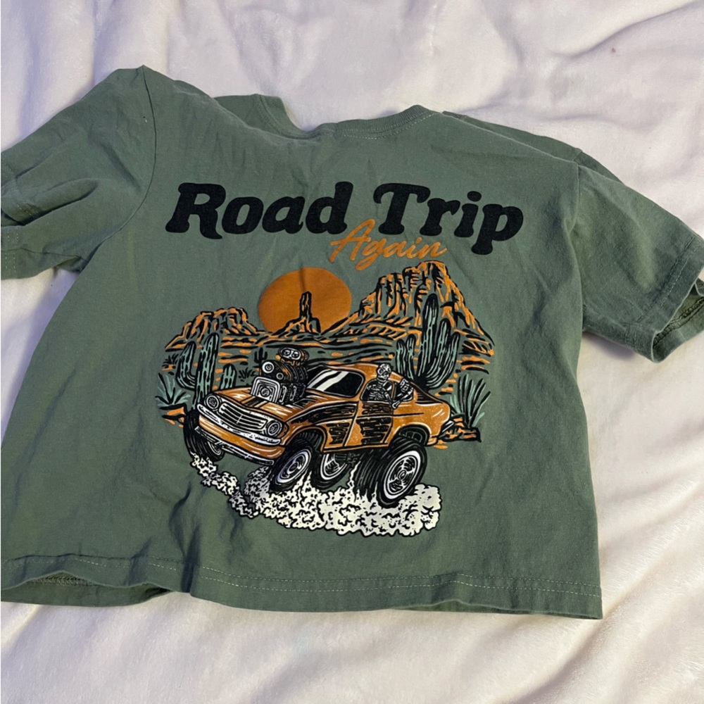 Green Crop Top with Colorful Animal Graphic and Road Trip Text
